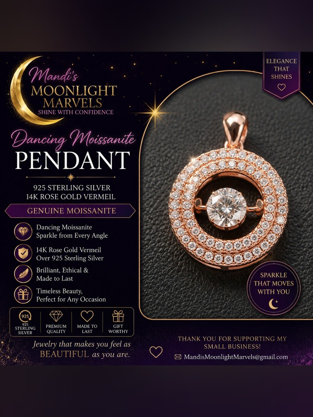 Rose Gold Dancing Moissanite Pendant Necklace